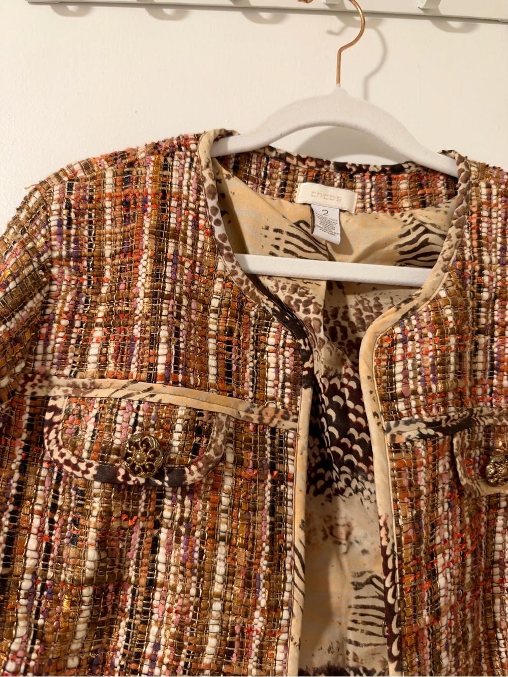Chico's Multicolor Tweed Jacket with Brown, Cream & Pink Accents